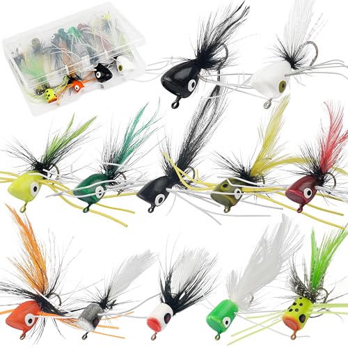 Fly Fishing Poppers Kit- 12pcs Fly Fishing Dry Flies Topwater Fishing Lures Bass Popper Flies Bugs Lures Panfish Bait Fly Trout Bobber Flies Kit for Bass Trout Crappie Panfish Bluegill Salmon