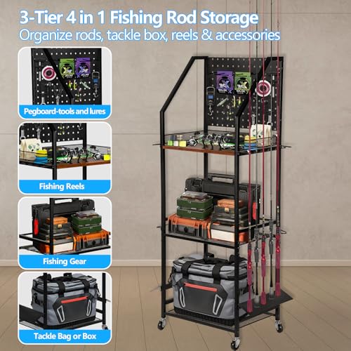 Fishing Rod Holder for Garage Organization, Fishing Rod Rack, Fishing Gear Storage up to 12 Rods with Pegboard & Hooks, Heavy Duty Fishing Cart with Wheels for Fishing Storage,Tackle Box
