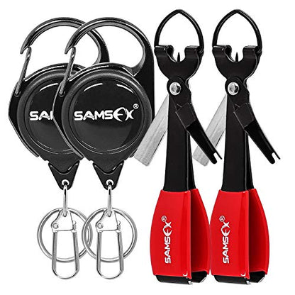 SAMSFX Fishing Knot Tying Tool, Multifunctional Fly Fshing Nippers, Quickly Tie Fishing Knots for Hooks, Lures and Flies, Fishing Clippers with Retractor - color: 2sets Black Knot Tool(red Grip) & Carabiner Zinger, style: Carabiner Retractor