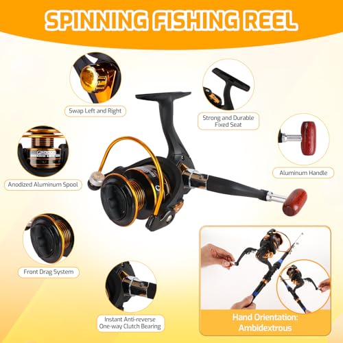 Kids Fishing Pole Set, Telescopic Fishing Rod and Reel Combo Kit for Kids/Youth, Fishing Pole for Beginners with Spincast Fish Reel, Fish Tackles, Fish Lures, Fish Lines 【Ambidextrous】