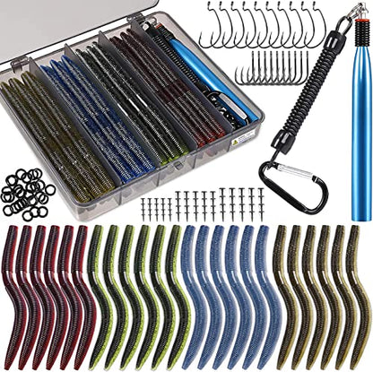 PLUSINNO Wacky Worm Fishing Lure Kit, Soft Plastic Fishing Lures, Grub Baits Hook Wacky Rig Bass Trout Fishing Worms Lures w/Tackle Box - color: 133PCS 5.5" Wacky Worm Fishing Lure Kit