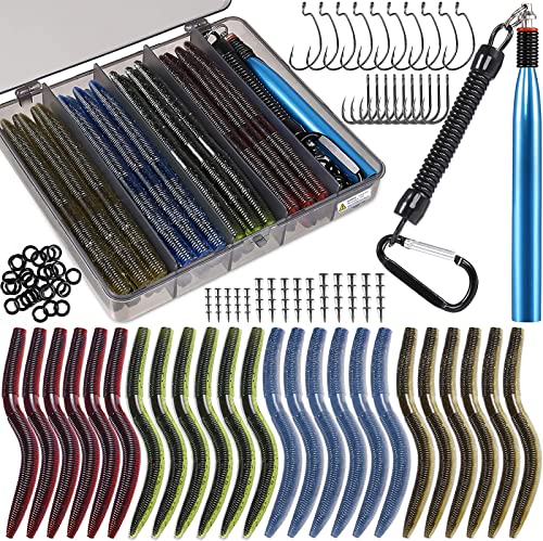 PLUSINNO Wacky Worm Fishing Lure Kit, Soft Plastic Fishing Lures, Grub Baits Hook Wacky Rig Bass Trout Fishing Worms Lures w/Tackle Box - color: 133PCS 5.5" Wacky Worm Fishing Lure Kit