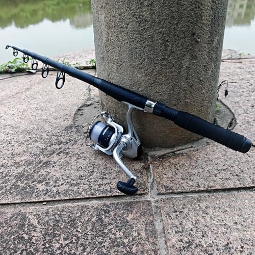 2 Pack Telescopic Fishing Rod and Reel Combo, 2PCS 6.9ft/2.1m Collapsible Fishing Pole, 2PCS Spinning Reel Complete Fishing Kit with Lures Hooks Pliers for Freshwater Travel Beginners - color: Black