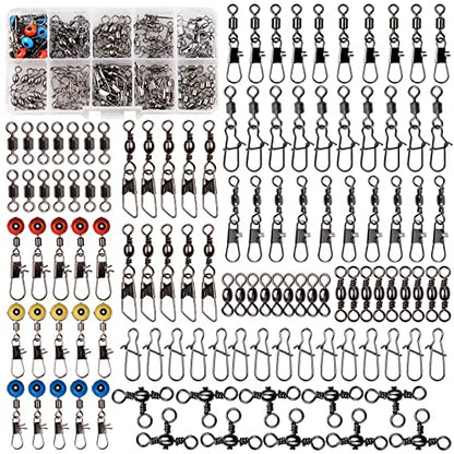 Fishing Swivels Kit - Ball Bearing Swivel, Rolling Barrel Swivel, Crossline Three Way Swivel, Duo Lock Snap, High Strength Fishing Line Connector for Bass Trout Saltwater Freshwater - color: 115PCS