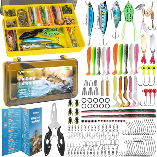 WITOROR Fishing Lures, 148Pcs Tackle Box with Tackle Included, Crankbaits, Spoon, Hooks, Weights & Other Accessories, Fishing Bait Lure Gear Kit Gifts for Men Bass Freshwater