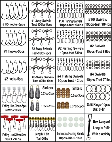 Fishing Accessories Kit with Hooks, Bass Casting, Sinkers, Swivels, Snaps, Sinker Slides, Line Beads, Fishing Set with Tackle Box Lanyard