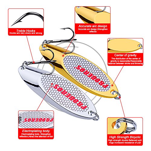 PROBEROS Fishing Spoons Lures Bass Baits Jigging Bait Tackle with Treble Hooks Hard Metal Spoon Fishing Lure Weight Pick 10 Pcs/Pack Silver Gold - color: 10PCS Gold, size: 7G-0.25OZ