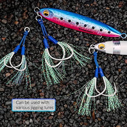 THKFISH Fishing Assist Hooks Saltwater Dancing Stinger Jigging Hooks Double Assist Replacement Fishing Hooks for Slow Pitch Jigs Vertical Jigging Lures 5pcs/15pcs/20pcs - color: blue, size: #4/0-5pcs