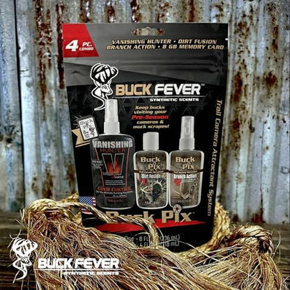 Buck Fever Buck Pix 2,3,4-Piece kit - Synthetic Deer Scent (4 oz Branch Action & 4 oz Dirt Fusion) for Whitetail & Mule - Non-Spoiling Deer Attractant for Outdoor Trail Camera - size: 4 - Piece Combo