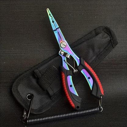 Multifunctional Stainless Steel Fishing Pliers, Curved Jaw with Titanium Split Ring Cutter, Line Scissors & Non-Slip Handle for Saltwater（red 1set） - color: Red