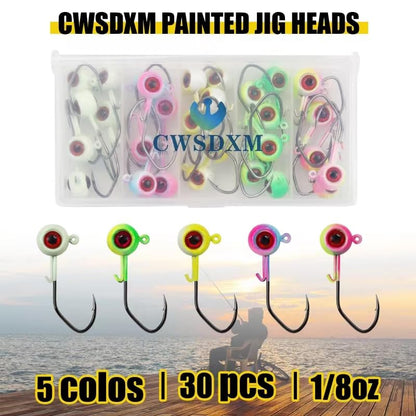 Painted Crappie Jig Heads 3D Eyes Fishing Hooks with Wire Keeper Lures for Crappie Panfish Bass Fishing Jig Hooks Assortment 1/16 oz 1/8 oz 3/16oz 3/8 oz 1/4 oz - size: 1/8 oz - 30 pcs