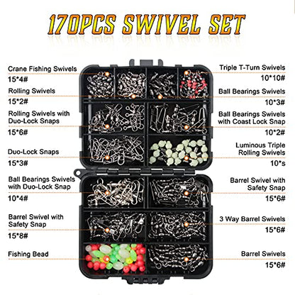 Fishing Swivels Kit - Ball Bearing Swivel, Rolling Barrel Swivel, Crossline Three Way Swivel, Duo Lock Snap, High Strength Fishing Line Connector for Bass Trout Saltwater Freshwater - color: 170PCS