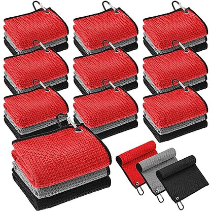 Batiyeer 30 Pcs Bulk Golf Towels for Golf Bags 16'' x 16'' Microfiber Fabric Golf Towel Waffle Pattern with Clip for Bags Men Mini Tournament Fitness Yoga Camping(Black, Gray, Red) - color: Black, Gray, Red