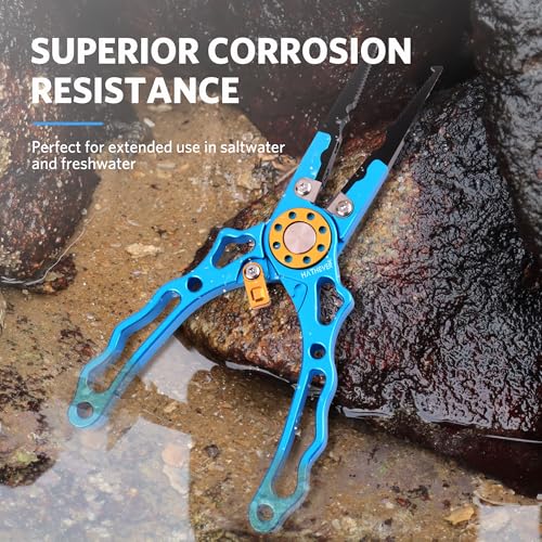 Fishing Pliers Saltwater, Split Ring Pliers Hook Remover with Safety Lock, Fishing Tools with Sheath and Lanyard, Fishing Gifts for Men - color: Blue