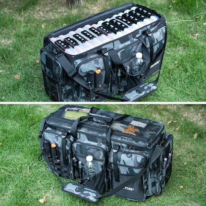 Goture Large Tackle Bag,Water Resistant Saltwater Gear Storage Big Fishing Bag with EVA Bottom,Store Up to 12PCS 3700 Plus 5PCS 3600 Tackle Trays(Not Included),Gifts for Men(26.38"x15.35"x11.42") - color: A2 Camo 1 XXL Without Trays