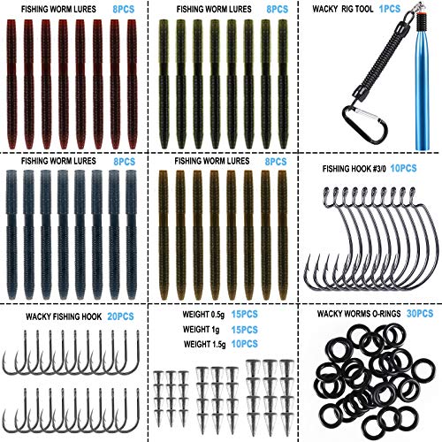 PLUSINNO Wacky Worm Fishing Lure Kit, Soft Plastic Fishing Lures, Grub Baits Hook Wacky Rig Bass Trout Fishing Worms Lures w/Tackle Box - color: 133PCS 5.5" Wacky Worm Fishing Lure Kit