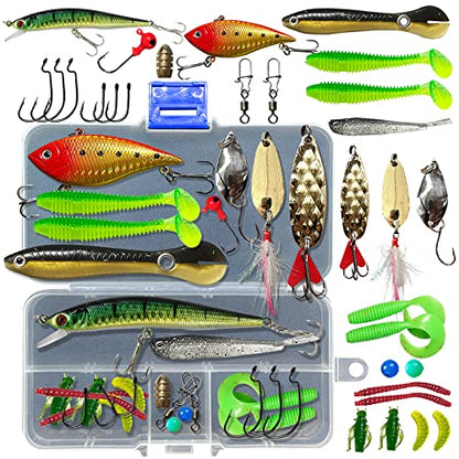 Fishing Lures Kit Set, Baits Tackle Including Crankbaits, Topwater Lures, Spinnerbaits, Worms, Jigs, Hooks, Tackle Box and More Fishing Gear Lures for Bass Trout - color: 30Pcs Fishing Lures Kit
