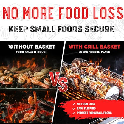 SHIZZO Extra Sturdy Rolling Grill Basket, Removable Handle, Set of 2 | Grilling Rack, Stainless Steel, Outdoor Camping accessories BBQ Net, Griller for Fish, Vegetables, Gifts for Men Dad Husband