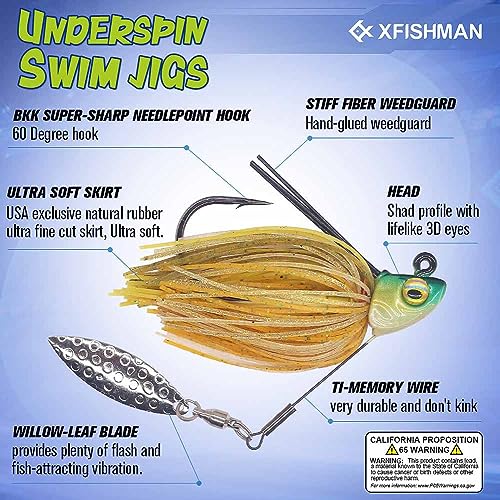 Swim-Jigs-for-Bass-Fishing-Lures Swimbait Underspin Swimming Bass Jigs 1/2 3/8 1/4 oz - color: Golden Shiner 2 Pack, size: 3/8 oz