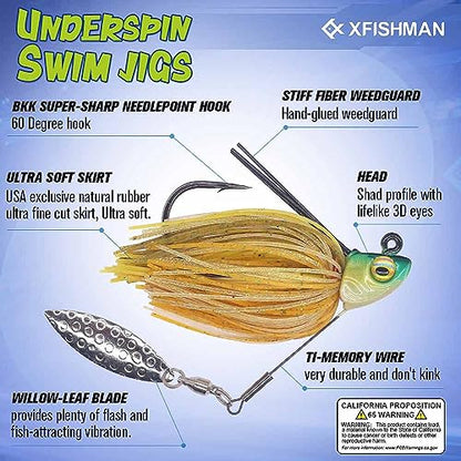 Swim-Jigs-for-Bass-Fishing-Lures Swimbait Underspin Swimming Bass Jigs 1/2 3/8 1/4 oz - color: Golden Shiner 2 Pack, size: 3/8 oz