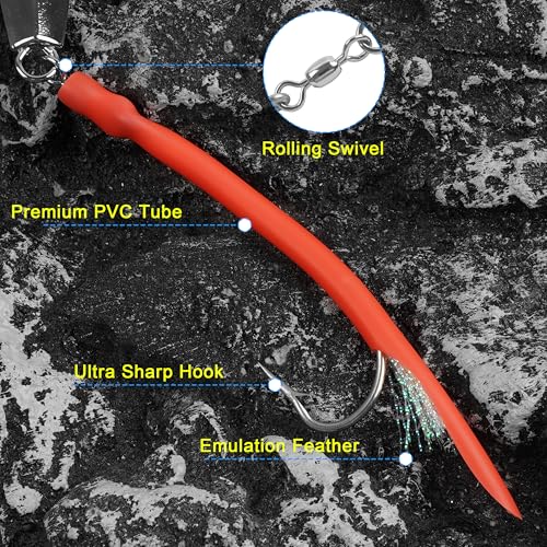 Diamond Jig Saltwater Fishing Lures Casting Jigging Spoon with Tube Tail Stainless Steel Hooks Trolling Lures Striped Bass Metal Jig for Deep Sea Surf Fishing Bottom Dragging Sinking - color: Red, size: 4 oz