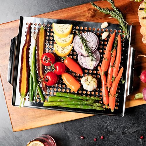Stainless Steel BBQ Grill Topper Pan Tray for Vegetables, Meats, Skewers & Seafood - Grill Pan for Gas & Charcoal Grills & BBQ - Outdoor Cooking, Grilling, Camping & Tailgating by Mr. Bar-B-Q 06032Y - size: 16x12 Inch