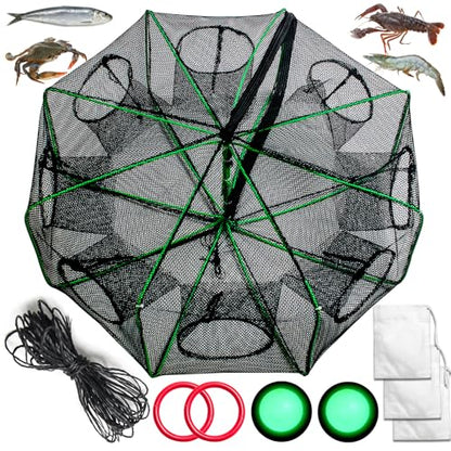 Fishing Bait Trap Crab Trap Minnow Traps, Foldable Net for Blue Crabs Lobster Shrimp Crawfish with Rope and Crabbing Equipment - color: Black-1 Pack, size: 8 Holes-25.5" x 9.4"