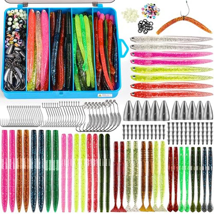 PLUSINNO Wacky Worm Fishing Lure Kit, Soft Plastic Fishing Lures, Grub Baits Hook Wacky Rig Bass Trout Fishing Worms Lures w/Tackle Box - color: 220PCS Wacky Worm Fishing Lure Kit