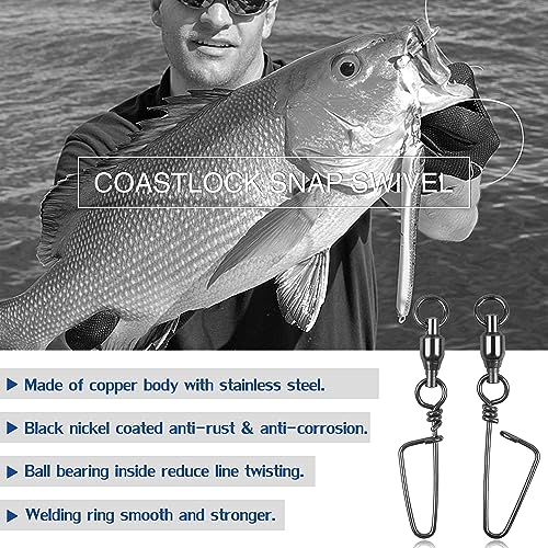 AGOOL Ball Bearing Fishing Swivel with Coastlock Snap Kit - 60pcs Stainless Steel Welded Ring Barrel Swivels Fish Line Connector Saltwater Fishing High Strength 8 to 440Lb Copper with Nickle Coated