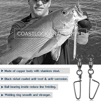 AGOOL Ball Bearing Fishing Swivel with Coastlock Snap Kit - 60pcs Stainless Steel Welded Ring Barrel Swivels Fish Line Connector Saltwater Fishing High Strength 8 to 440Lb Copper with Nickle Coated
