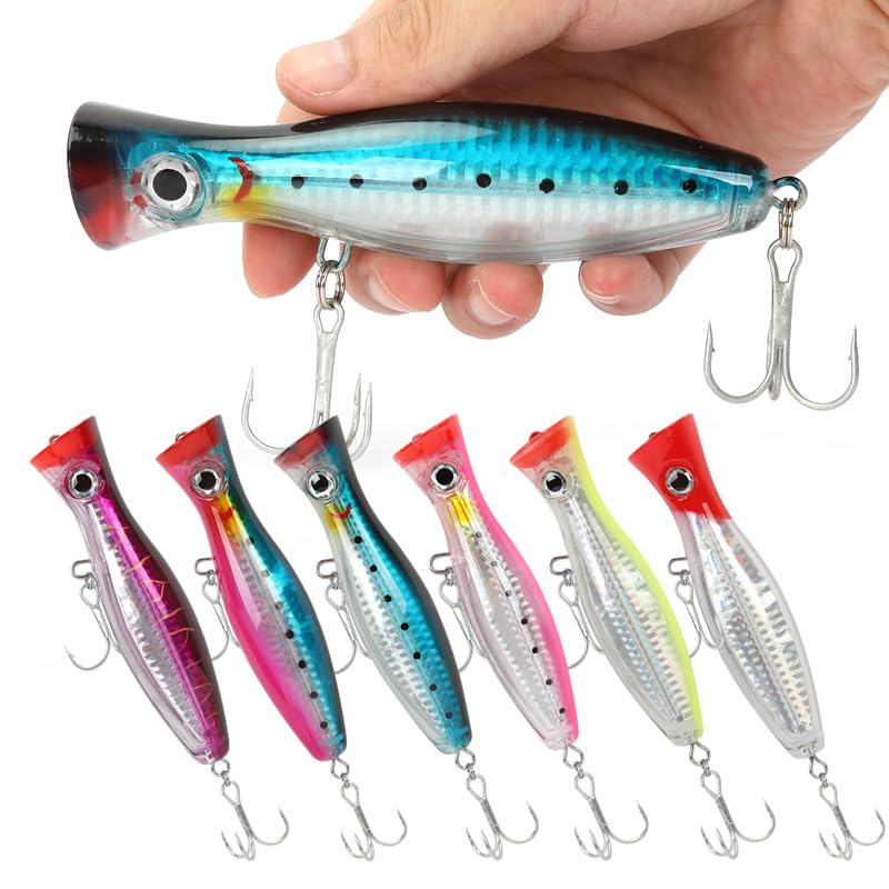 Popper Fishing Lures Topwater Fishing Baits Hard Baits 3D Eyes Swimbait Crankbait with Treble Hook for Bass Trout Freshwater Saltwater - color: 6pcs-5in/1.5oz