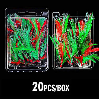 AMHDV Feather Fishing Hooks Strong Treble Hooks Size 2 4 6 8 10 (Pack of 20) - color: Red and green, size: 4#