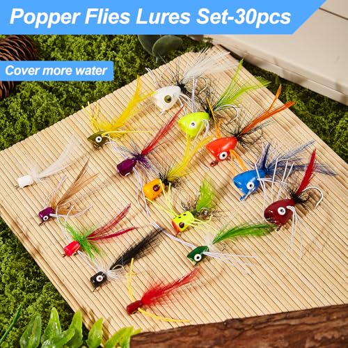 22/30pcs Fly Fishing Popper Flies Kit, Trout Bass Bluegill Panfish Crappie Salmon Sunfish Steelhead Popper Flies for Fly Fishing Fly Popper Lures