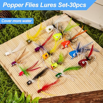 22/30pcs Fly Fishing Popper Flies Kit, Trout Bass Bluegill Panfish Crappie Salmon Sunfish Steelhead Popper Flies for Fly Fishing Fly Popper Lures