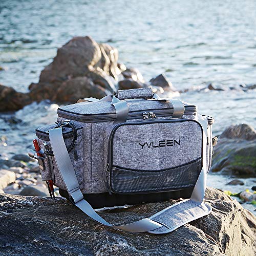 YVLEEN Fishing Tackle Box Bag - Outdoor Large Fishing Tackle Storage Bag - 100% Water-Resistant Polyester Material - Fishing Tackle Bags - Suitable for 3600 3700 Tackle Box - color: A:Large(14.9” x 9.1” x 10.2”Without Trays)Silver Grey