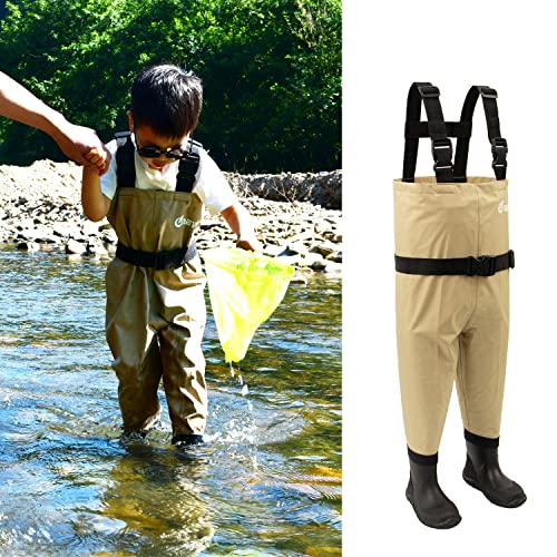 kids to youth waterproof chest waders, Swamp Mudding wader for boys and girls - color: Tan Solid, size: Feet:9C/EU25; Height≦103cm