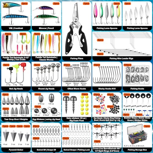 Fishing Lures Kit with Tackle Box, Pliers, Fish Gripper, Saltwater Freshwater Gear Set for Bass Trout, Hooks Weights Bobbers Rigs Leaders - style: 449 Pcs Fishing Lures Accessories Kit