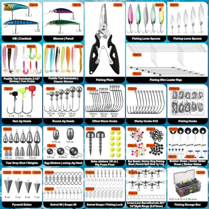 Fishing Lures Kit with Tackle Box, Pliers, Fish Gripper, Saltwater Freshwater Gear Set for Bass Trout, Hooks Weights Bobbers Rigs Leaders - style: 449 Pcs Fishing Lures Accessories Kit