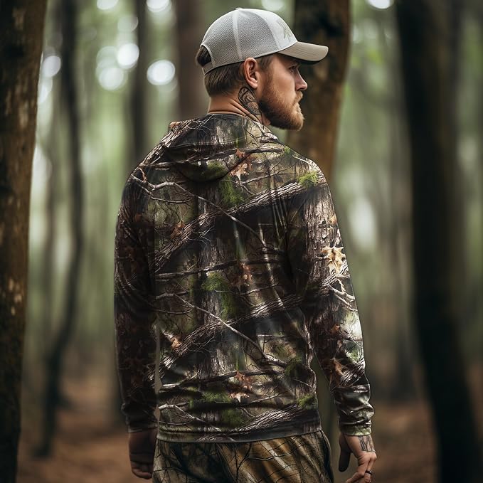 Palmyth Hunting Hoodie with Mask for Men Sun Protection Camo Fishing Shirts | UPF 50+, Mask Neck Gaiter, Quick Dry, 2 Zipper Pockets, Side Mesh Vent, Thumb Loops, Moisture Wicking, Stretchy, Breathable - color: Camo-2, size: Large