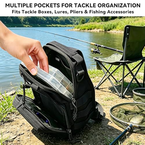 Kynzo Fishing Sling Backpack with Rod Holder, Water-Resistant Fishing Tackle Bag, Durable Shoulder Crossbody Pack for Freshwater Saltwater Fishing (A-Black) - color: A-Black