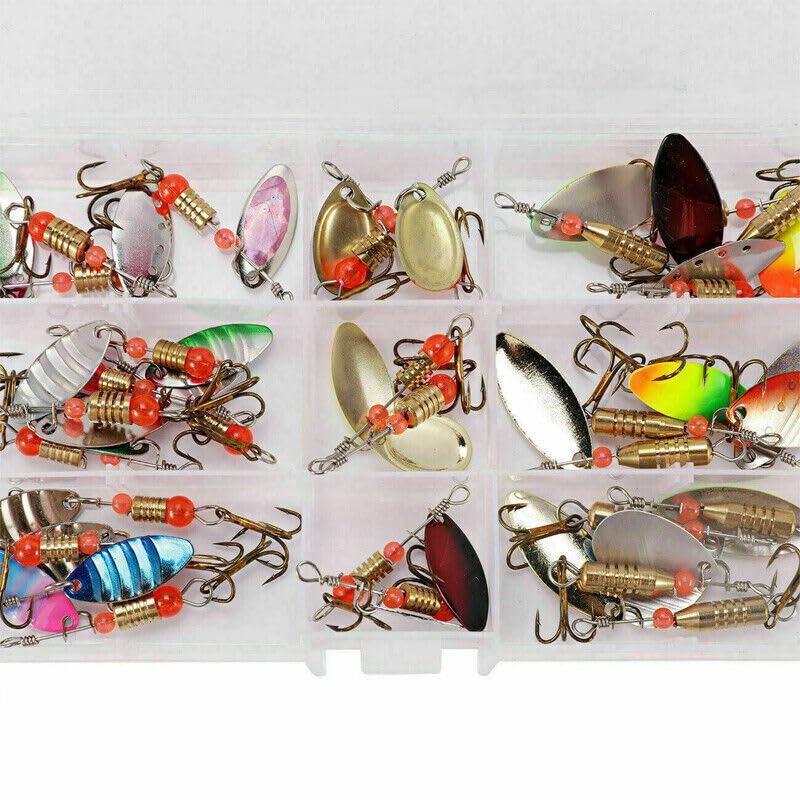 30pcs Fishing Lure Spinnerbait, Bass Trout Salmon Hard Metal Spinner Baits Kit with Tackle Boxes