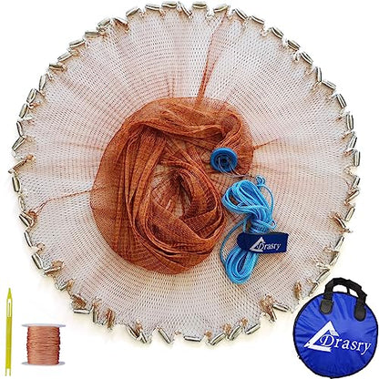 Drasry Saltwater American Fishing Cast Net 3/8inch Mesh Size for Bait Shrimp Trap Fish Heavy Duty Sinkers Throw Net 3FT/4FT/5FT/6FT/7FT/8FT/9FT/10FT Radius - color: yellow, size: 4FT Radius, style: Zinc-iron--tire Lines -3/8" Mesh 1lb/Ft