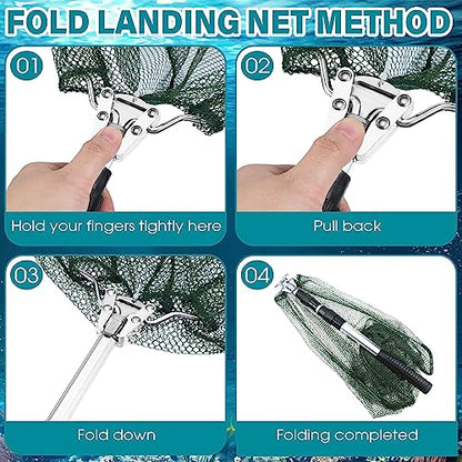 Windyun 3 Pcs Foldable Fishing Net Landing Net with Telescoping Pole Handle Collapsible Crab Trap Hexagon Fishing Bait Trap with Rope and Lure Bag for Crab Crayfish Shrimp - color: Army Green