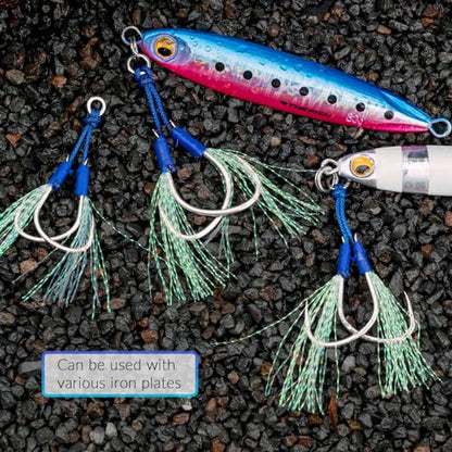 THKFISH Fishing Assist Hooks Saltwater Dancing Stinger Jigging Hooks Double Assist Replacement Fishing Hooks for Slow Pitch Jigs Vertical Jigging Lures 5pcs/15pcs/20pcs - color: blue, size: #4/0-15pcs