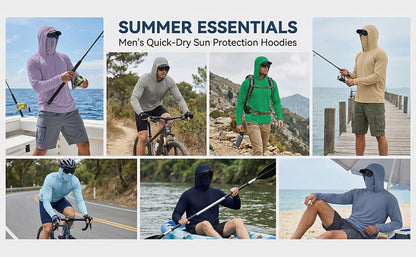 Men's UPF 50+ Sun Protection Hooded Shirt with Integrated Face Cover Long Sleeve Lightweight Rash Guard Shirts - color: Gray, size: X-Large