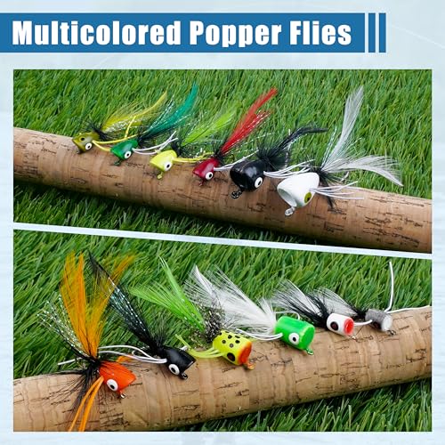 Fly Fishing Poppers Kit- 12pcs Fly Fishing Dry Flies Topwater Fishing Lures Bass Popper Flies Bugs Lures Panfish Bait Fly Trout Bobber Flies Kit for Bass Trout Crappie Panfish Bluegill Salmon