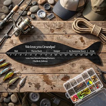 Personalized Fish Ruler Sign for Dad, Custom Wooden Fish Measuring Board with Name and Message, Father’s Day Fishing Gift for Men, Grandpa, Papa, Husband, Rustic Fisherman Wall Decor for Man Cave Garage Lake House
