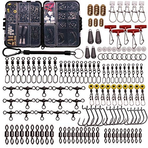 Fishing Accessories Kit with Hooks, Bass Casting, Sinkers, Swivels, Snaps, Sinker Slides, Line Beads, Fishing Set with Tackle Box Lanyard