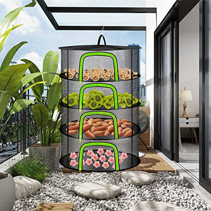 Coopache 4 Layer Herb Drying Rack Hanging Mesh Plant Dry Net Basket for Herbs Plants Flower Vegetables Spices Fish Food with Green Zippers