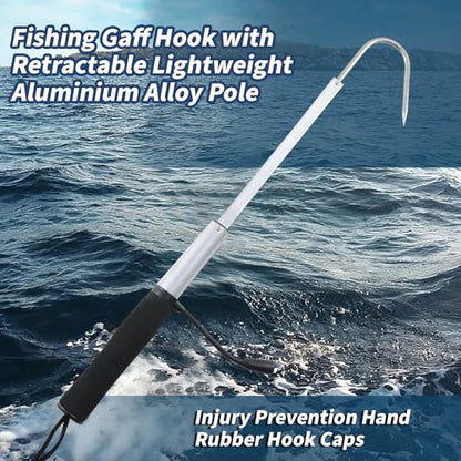 Dnyta Telescopic Fishing Gaff with Super Sharp Spear Hook, Hand Fish Gaff | Retractable Lightweight Aluminium Alloy Pole and Injury Prevention Hand Rubber Hook Caps for Saltwater, Boat, Kayak Fishing